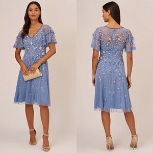 Adrianna Papell Blue Floral Embroidered Midi Dress
